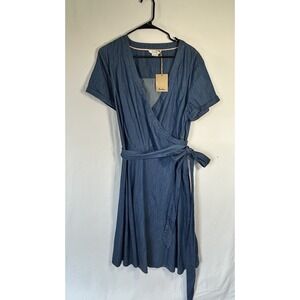 Boden Lara Denim Wrap Dress Blue Chambray V-Neck Short Sleeve NWT Sz 16L Cotton